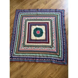 Handmade Crochet Afghan Throw Blanket 58" x 54" Multicolor Boho Colorful